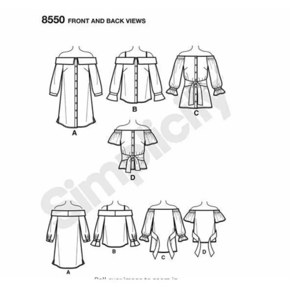 Simplicity 8550 Misses Off-The-Shoulder Tops & Dresses Sewing Pattern Size 10-18